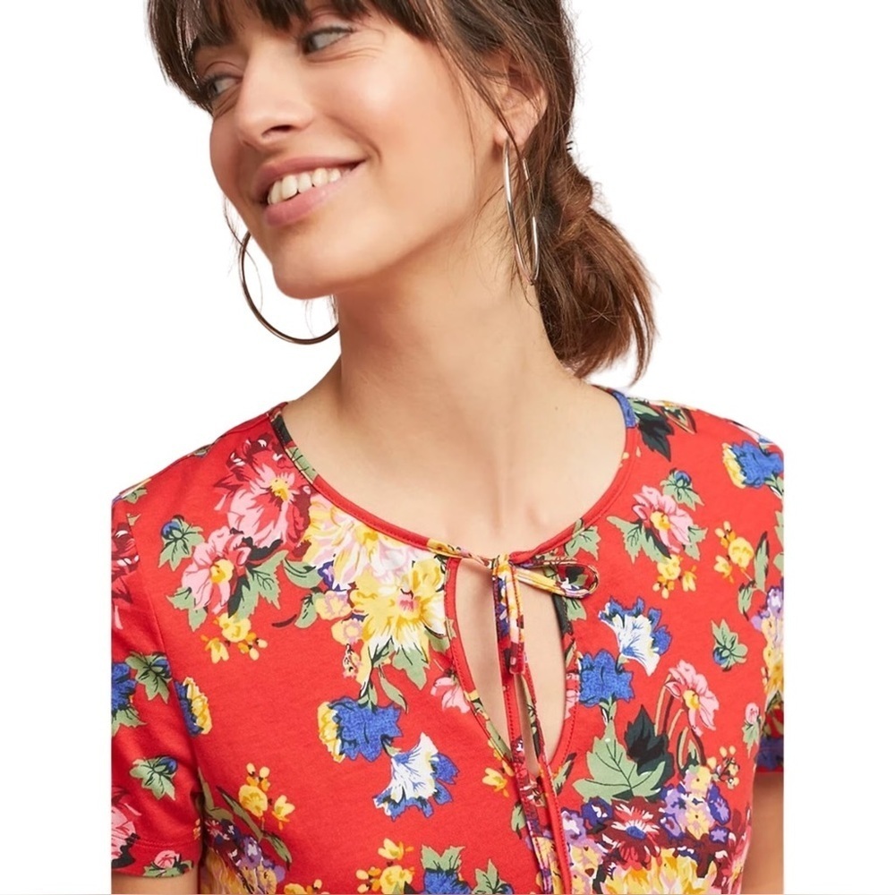 Maeve by Anthropologie Size S Clemente Red Floral Short Sleeve Tie-Neck Blouse - Picture 3 of 13